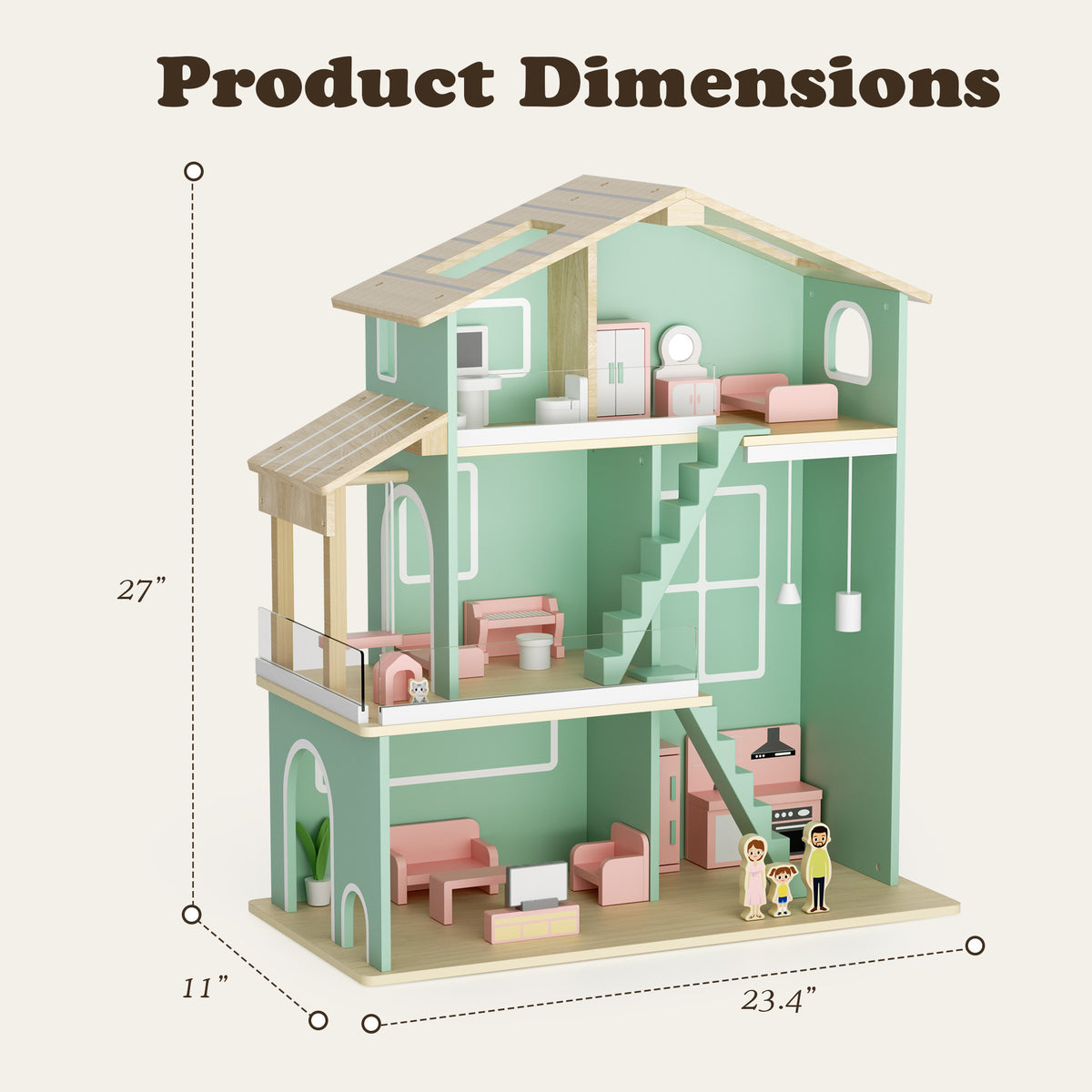 AILEEKISS Dollhouse for Kids with 20 Pieces Furniture Set, 3-Story Dream House with Puzzle Patio, Green