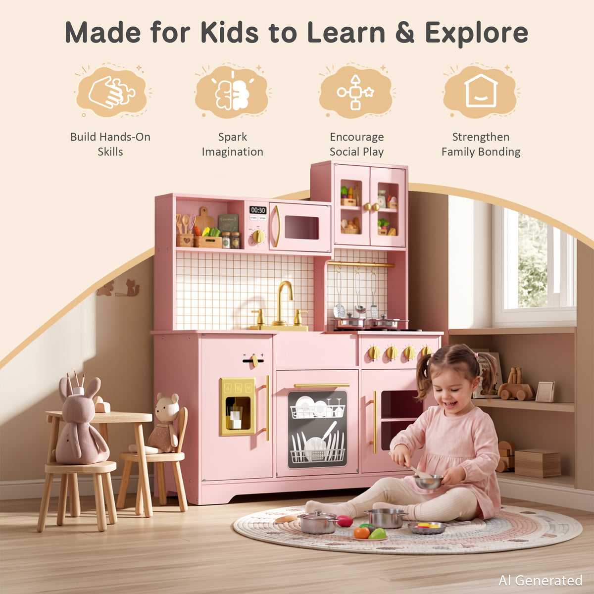 AILEEKISS Kids Kitchen Playset for Children, Realistic Pretend Kitchen Toy with Ice Maker, Pink