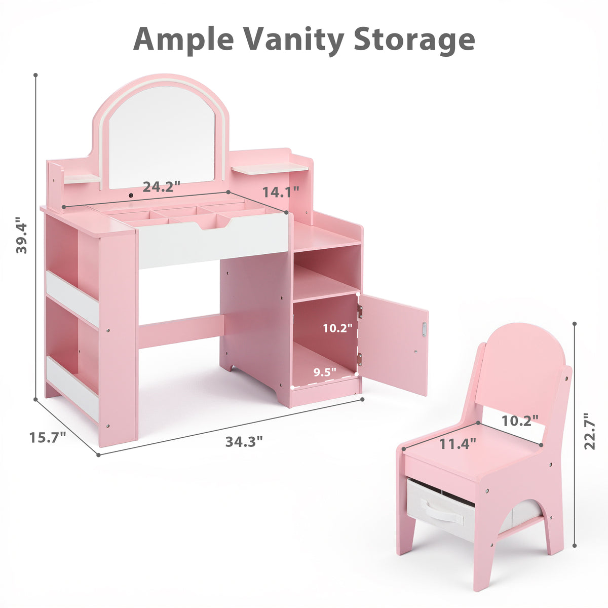 AILEEKISS Vanity Table Set with Flip Desktop, Pretend Play Makeup Table with Drawers, Pink