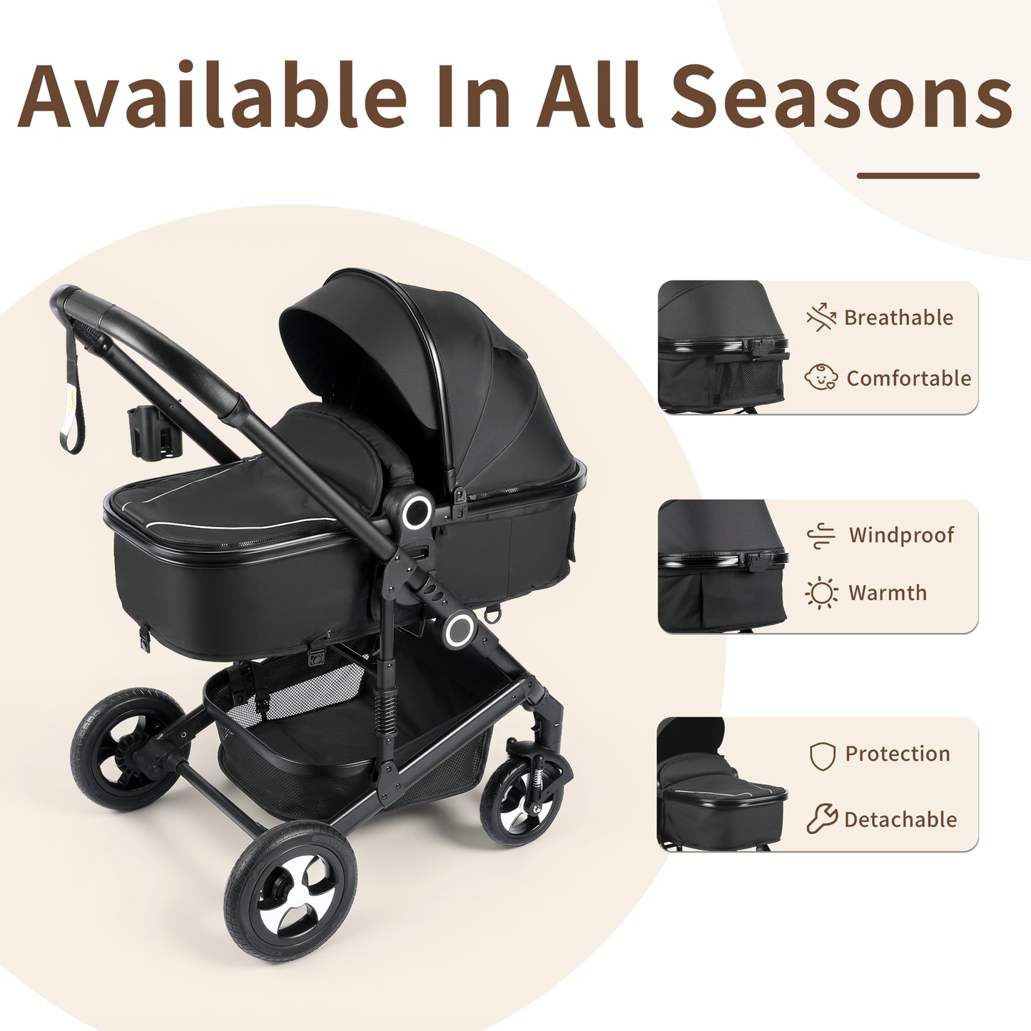 AILEEKISS 3 in 1 Convertible Baby Stroller, Unisex Folding Newborn Stroller with Big Seat, Black