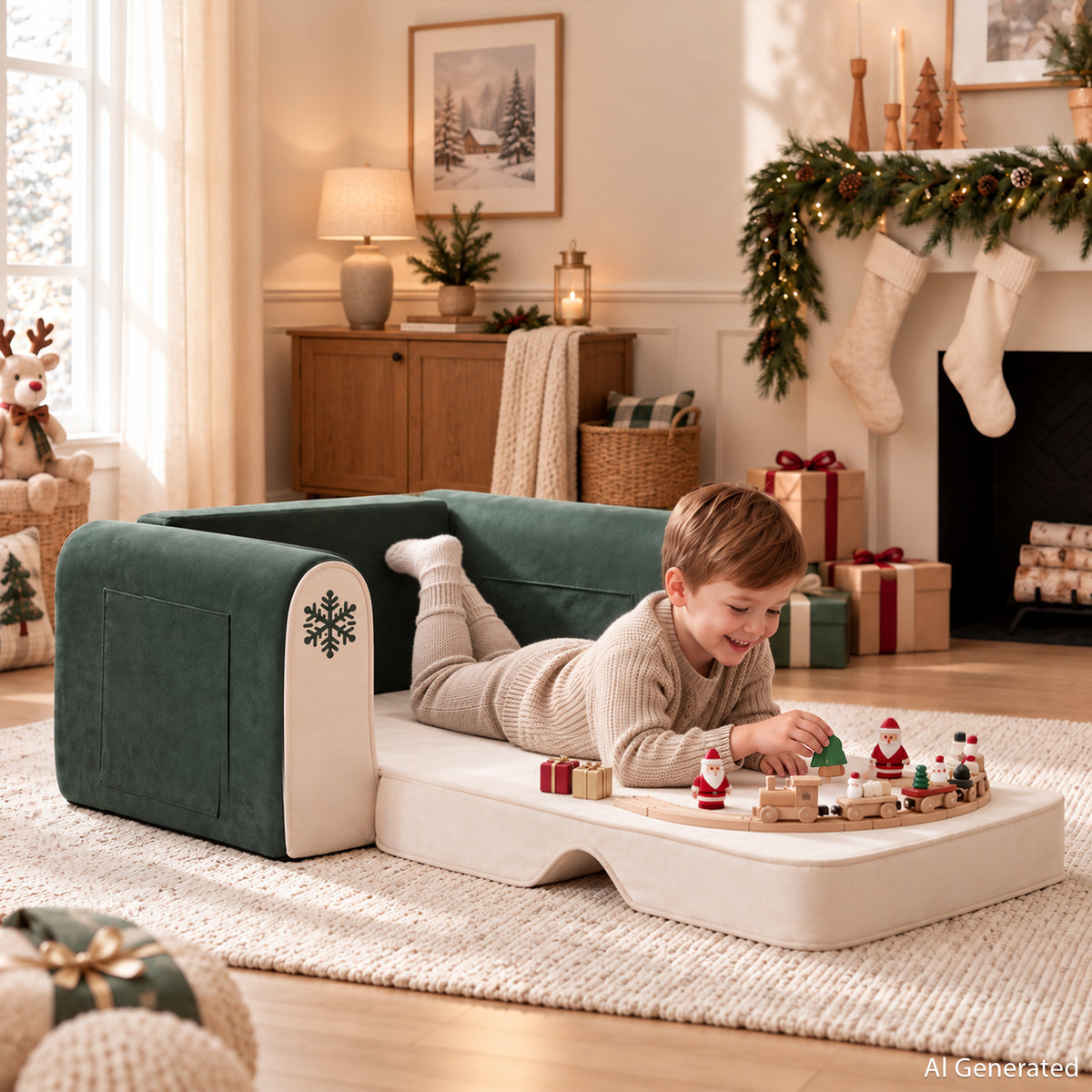AILEEKISS 2-in-1 Toddler Sofa Chair, Foldable Kids Couch Flip Open Bed for Playroom, Beige Green