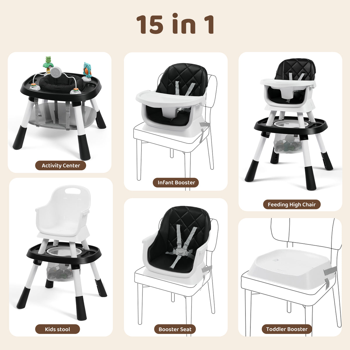 AILEEKISS 15 in 1 Baby High Chair, Toddler Dining Booster Seat w/Activity Center, Black