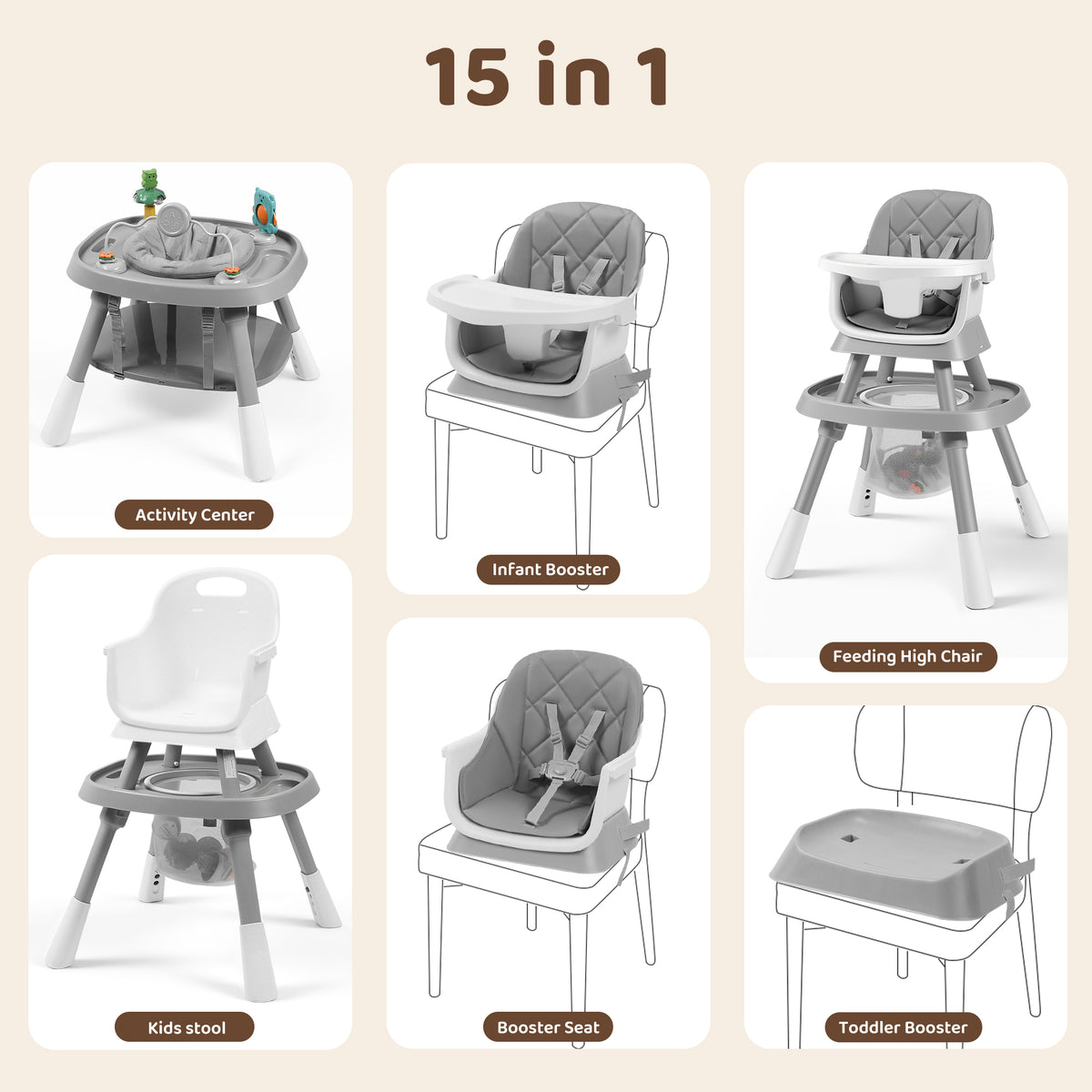 AILEEKISS 15 in 1 Baby High Chair, Toddler Dining Booster Seat w/Activity Center, Grey