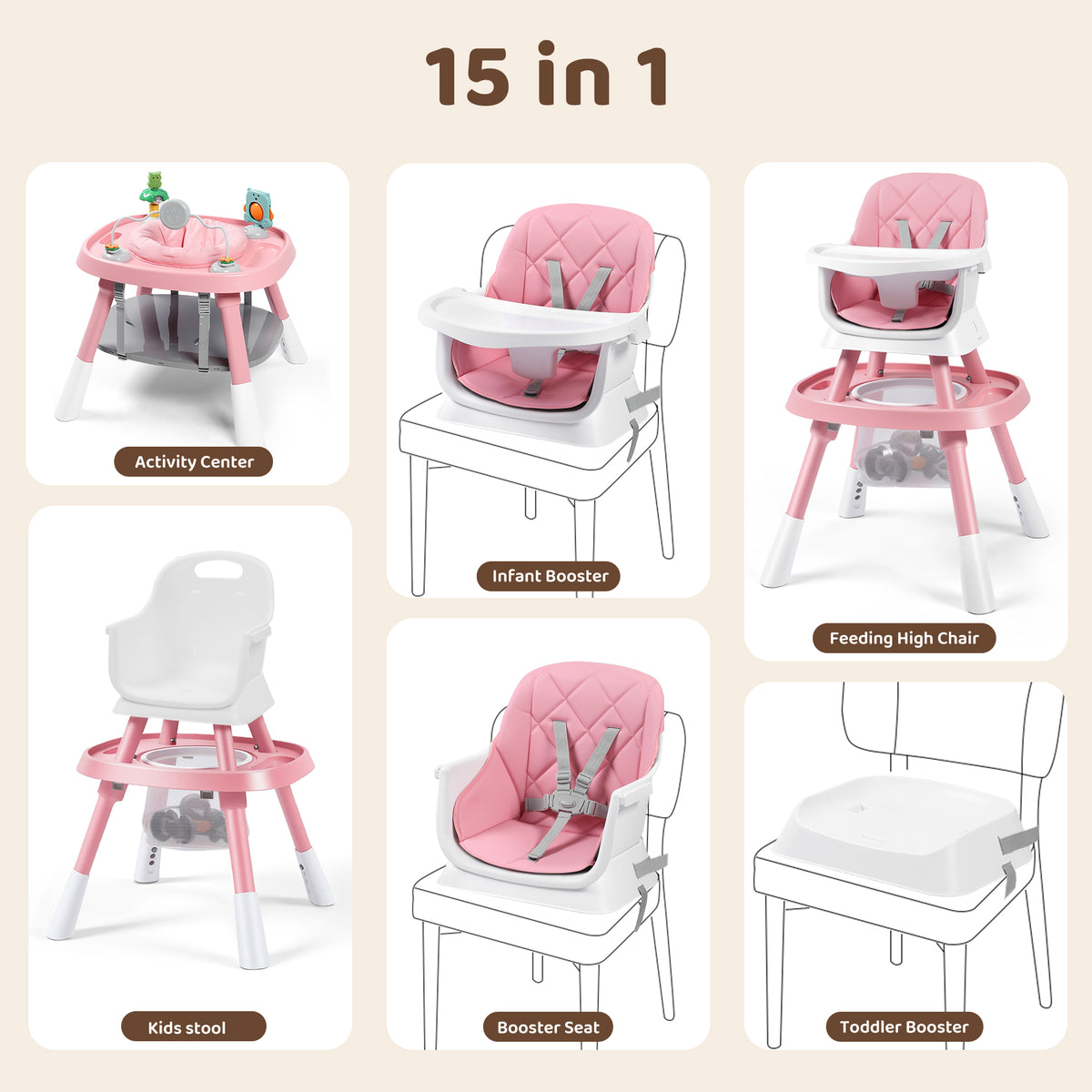 AILEEKISS 15 in 1 Baby High Chair, Toddler Dining Booster Seat w/Activity Center, Pink