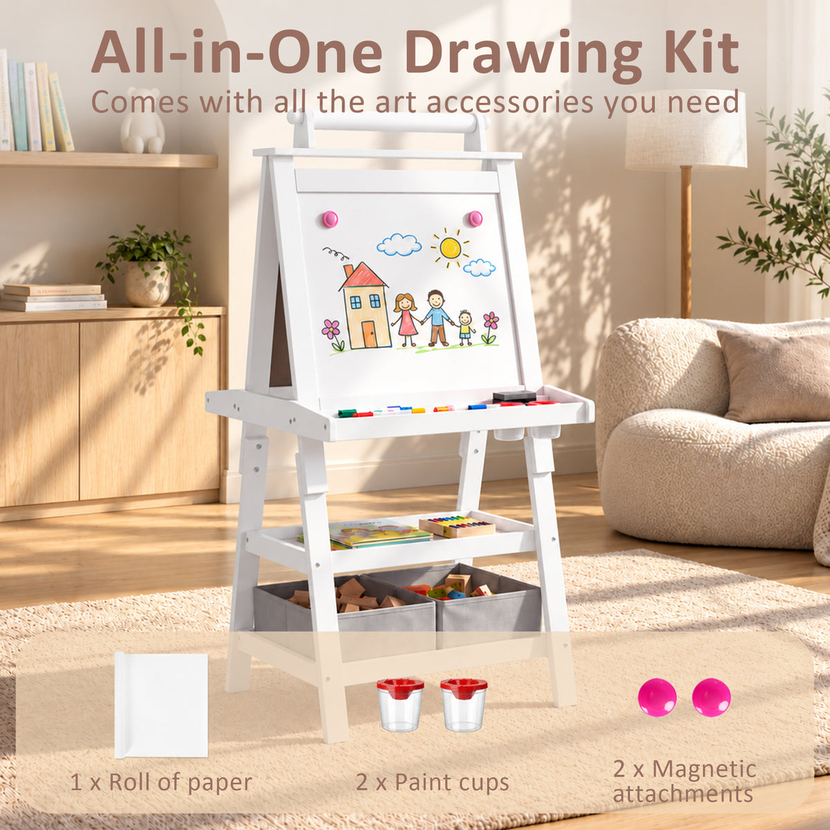 LINLUX 3 in 1 Kids Art Easel Drawing Board Double-Sided Whiteboard Chalkboard, White