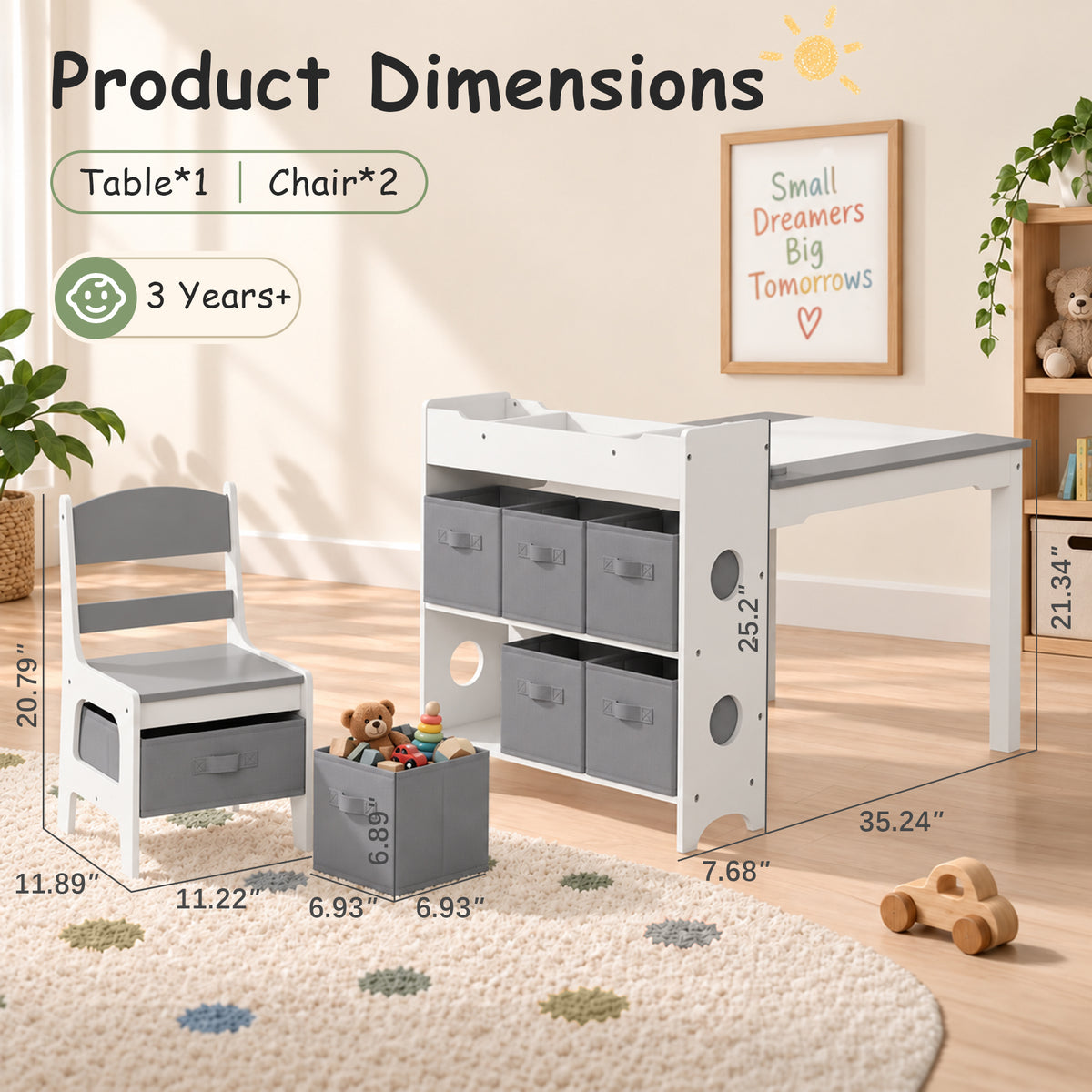 AILEEKISS Kids Table and Chair Set,Children Play Activity Desk for Drawing with 6 Drawers, Grey
