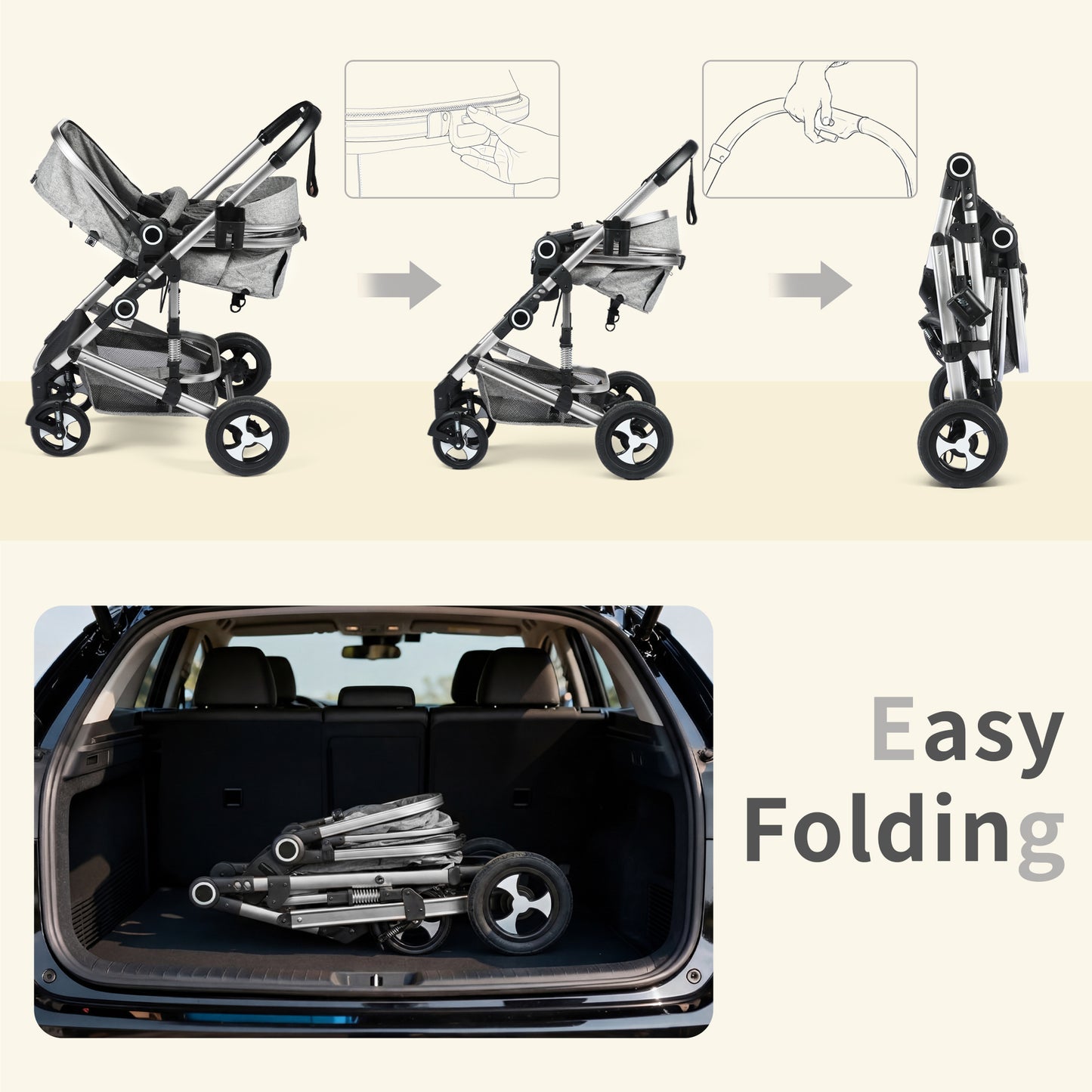 AILEEKISS 3 in 1 Convertible Baby Stroller, Unisex Folding Newborn Stroller with Big Seat, Light Grey