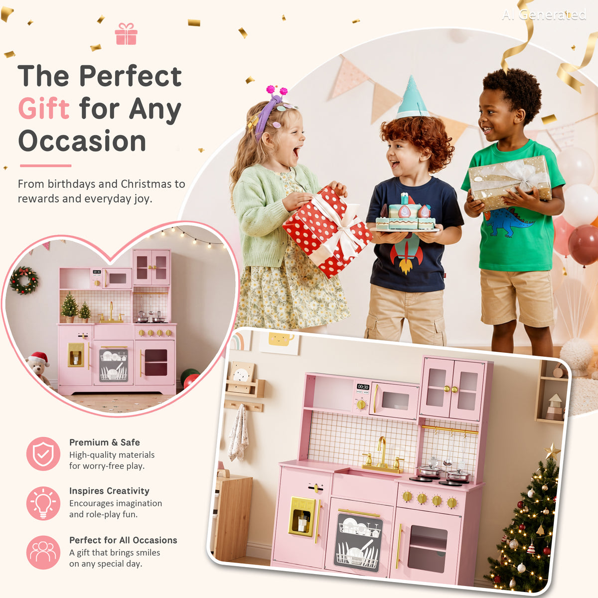 AILEEKISS Kids Kitchen Playset for Children, Realistic Pretend Kitchen Toy with Ice Maker, Pink