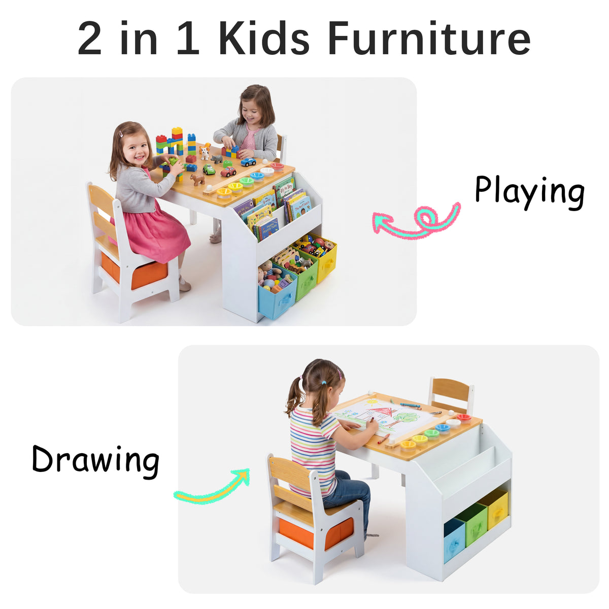 AILEEKISS Kids Table and Chair Set,Children Play Activity Desk for Drawing with 3 Drawers, Natural
