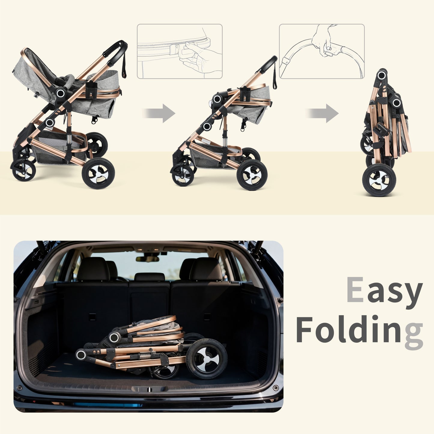 AILEEKISS 3 in 1 Convertible Baby Stroller, Unisex Folding Newborn Stroller with Big Seat, Rose Gold