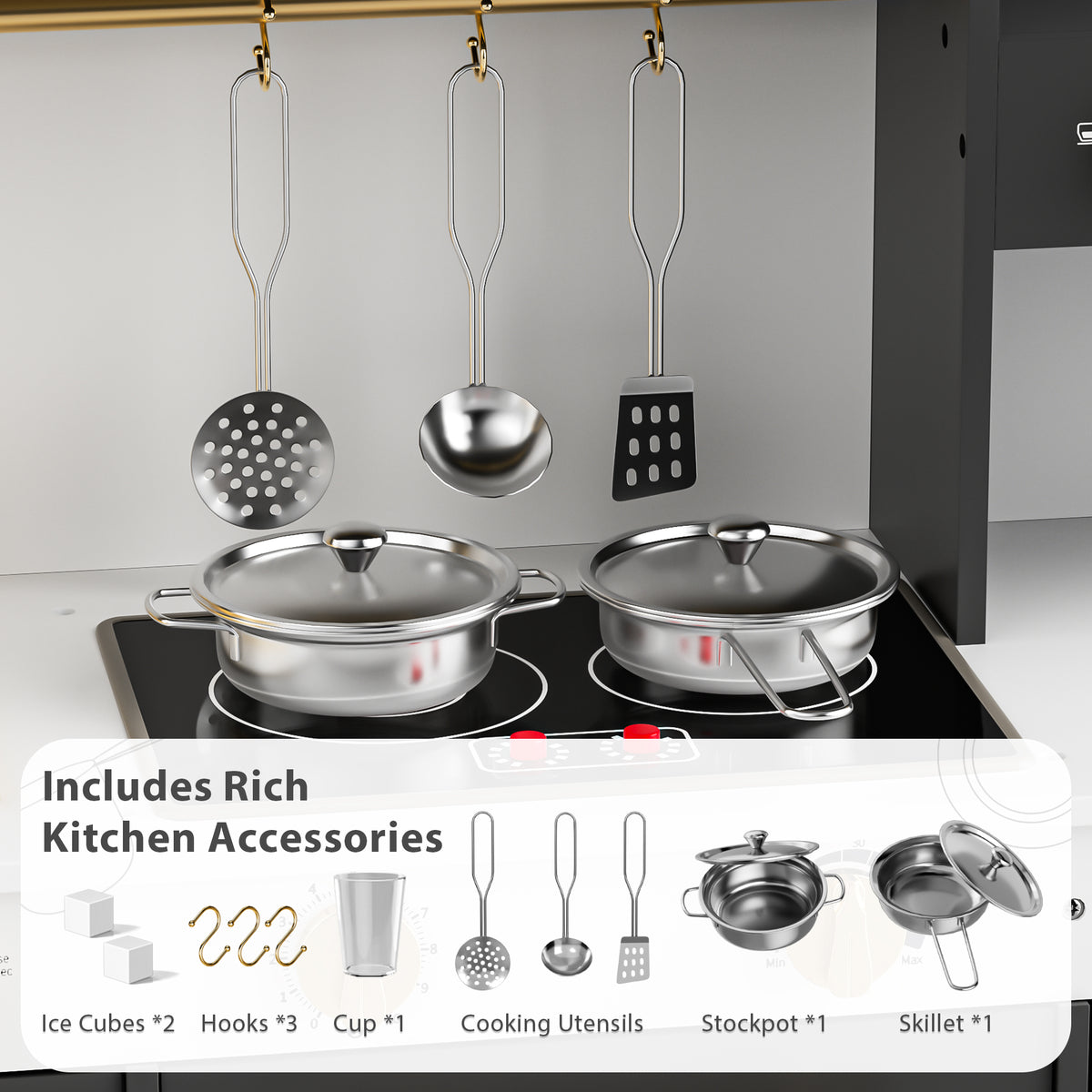AILEEKISS Kids Toy Kitchen for Children, Pretend Kids Play Kitchen Set with Cooking Accessories, Black