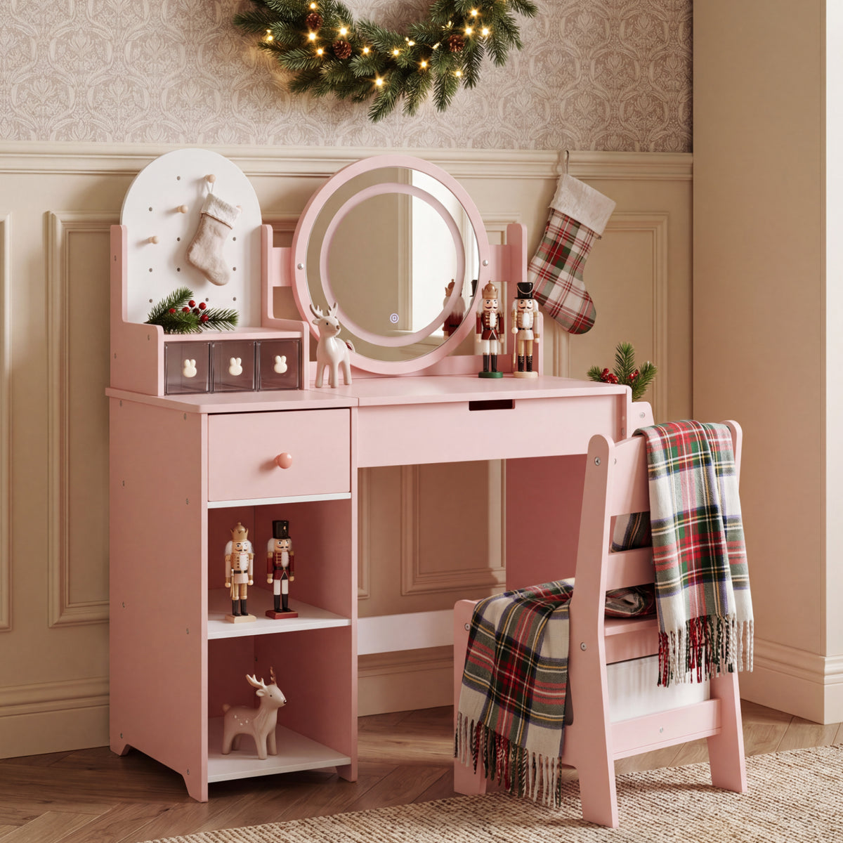 AILEEKISS Vanity Table Set with Drawers, Pretend Play Makeup Table with Storage Shelf, Pink