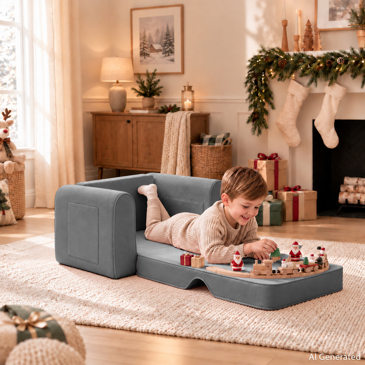 AILEEKISS 2-in-1 Toddler Sofa Chair, Foldable Kids Couch Flip Open Bed for Playroom, Grey