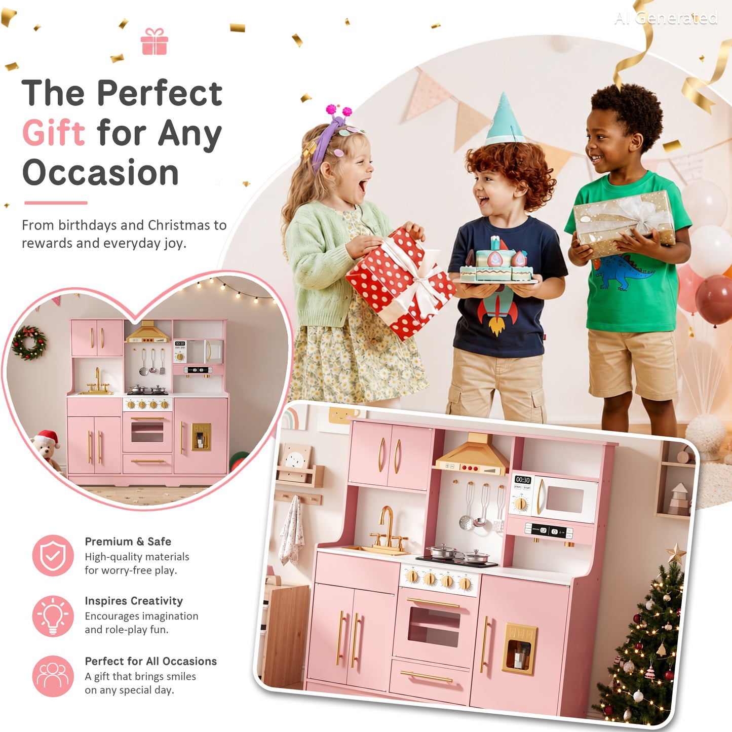 AILEEKISS Wood Kids Play Kitchen, Pretend Kitchen Playset for Children Age 3 Years up, Pink