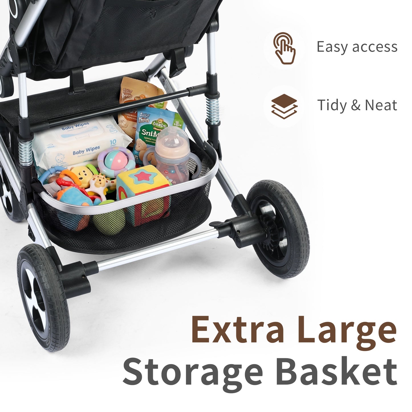 AILEEKISS 3 in 1 Convertible Baby Stroller, Unisex Folding Newborn Stroller with Big Seat, Black Silver