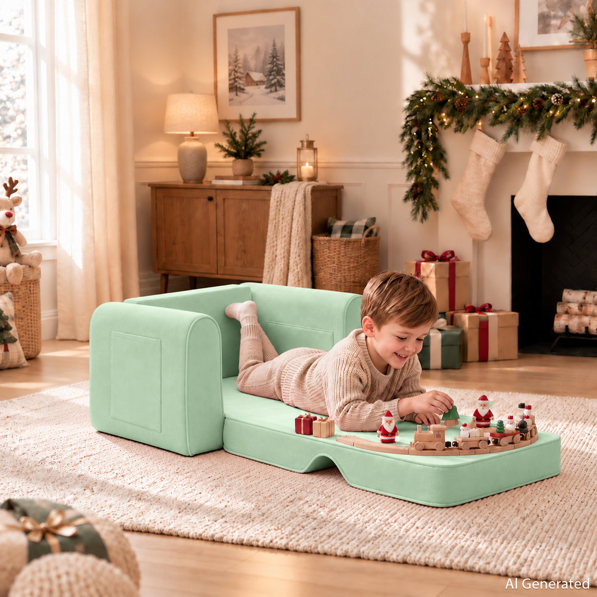 AILEEKISS 2-in-1 Toddler Sofa Chair, Foldable Kids Couch Flip Open Bed for Playroom, Green