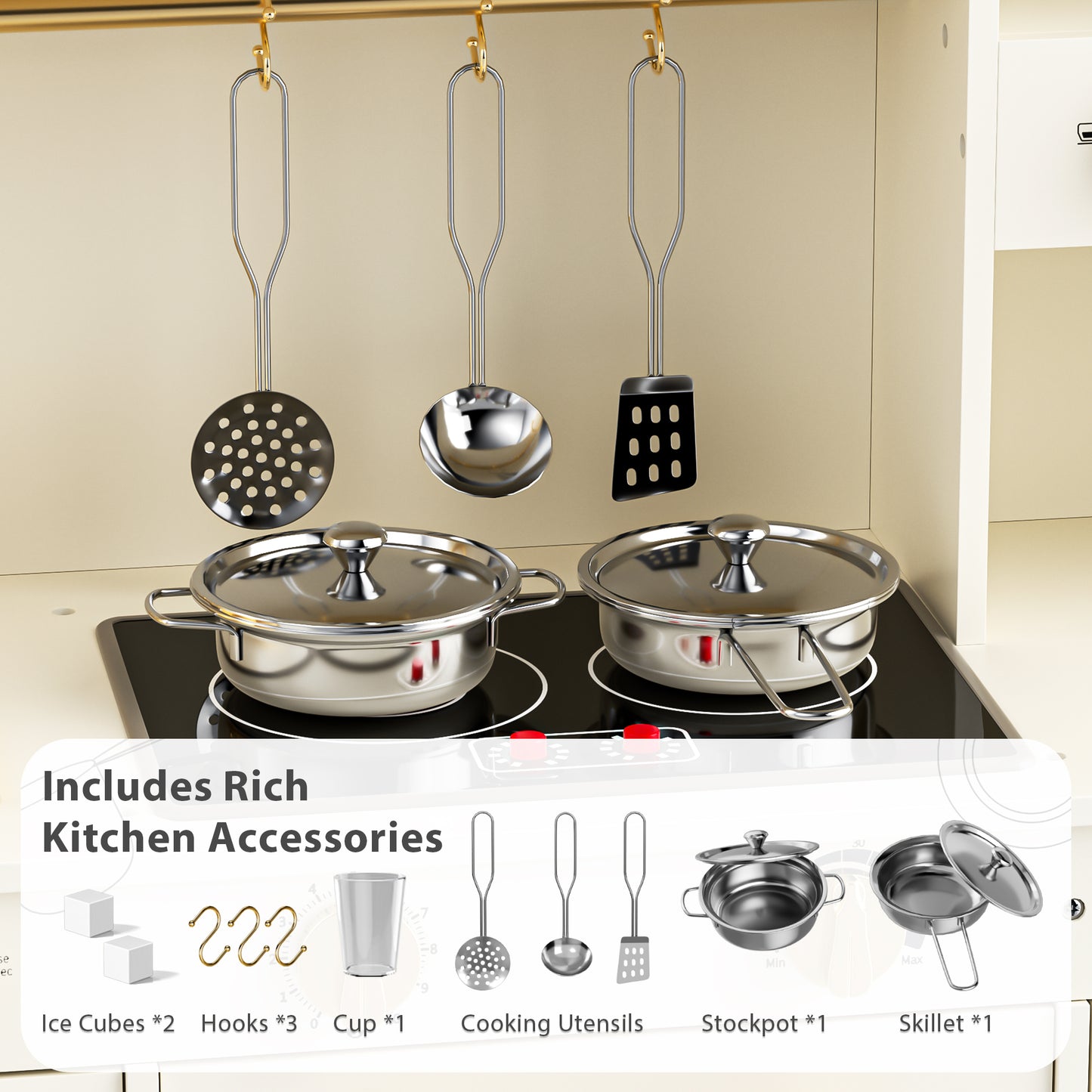 AILEEKISS Kids Toy Kitchen for Children, Pretend Kids Play Kitchen Set with Cooking Accessories, Beige