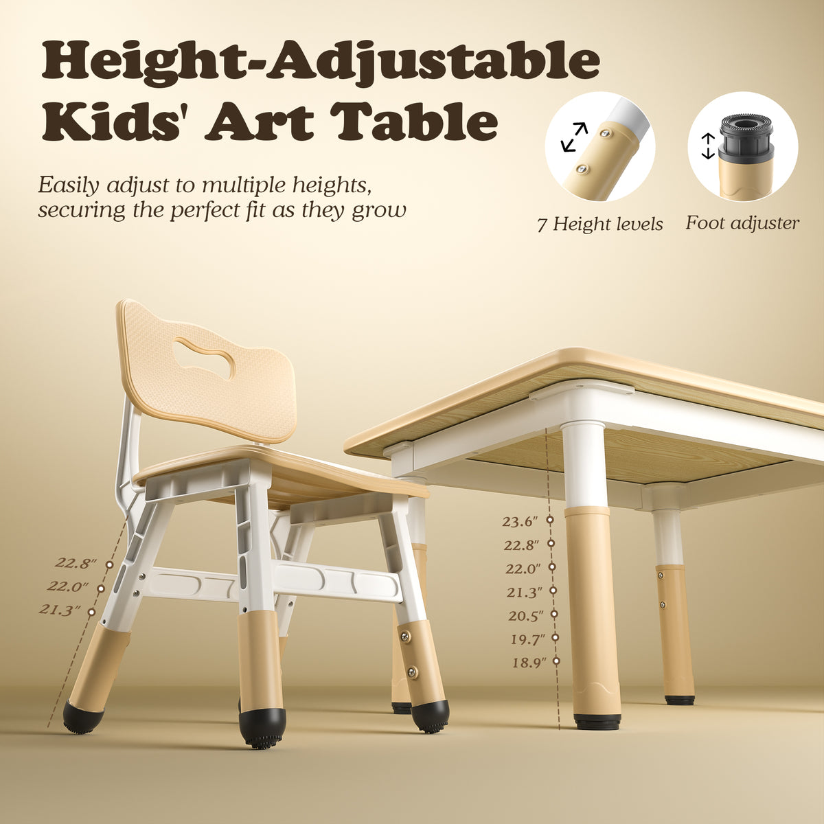 AILEEKISS Kids Table and 2 Chair Set, Height Adjustable Kids Art Table Play Desk for Toddler, Khaki