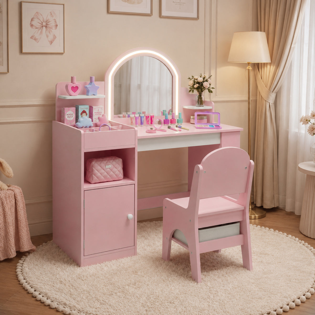 AILEEKISS Kids Vanity Set with Stool, Pretend Play Makeup Table with Jewelry Storage, Pink