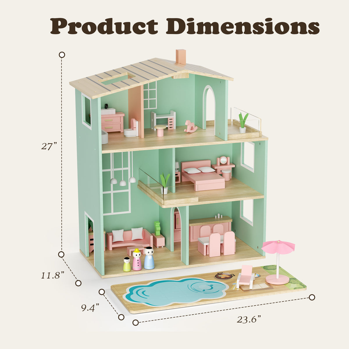 AILEEKISS Dollhouse for Kids with 35 Pieces Furniture Set, 3-Story Dream House with Puzzle Patio, Green