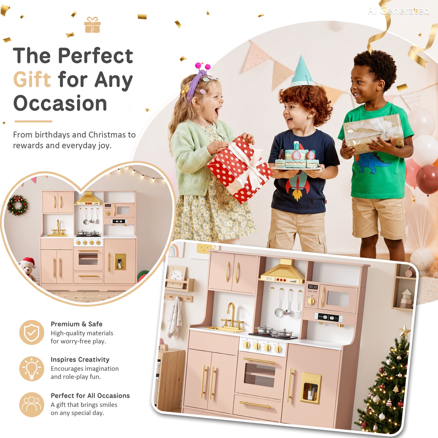 AILEEKISS Wood Kids Play Kitchen, Pretend Kitchen Playset for Children Age 3 Years up, Orange