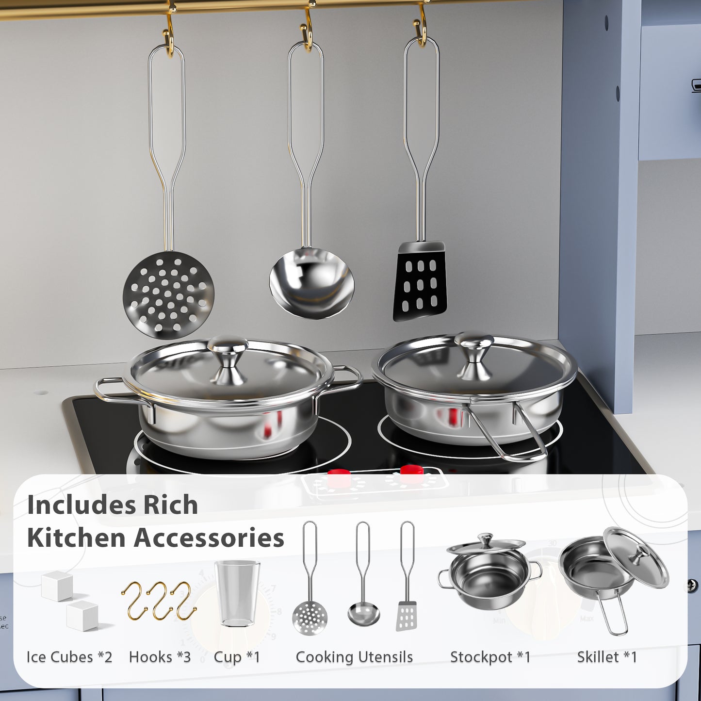 AILEEKISS Kids Toy Kitchen for Children, Pretend Kids Play Kitchen Set with Cooking Accessories, Blue