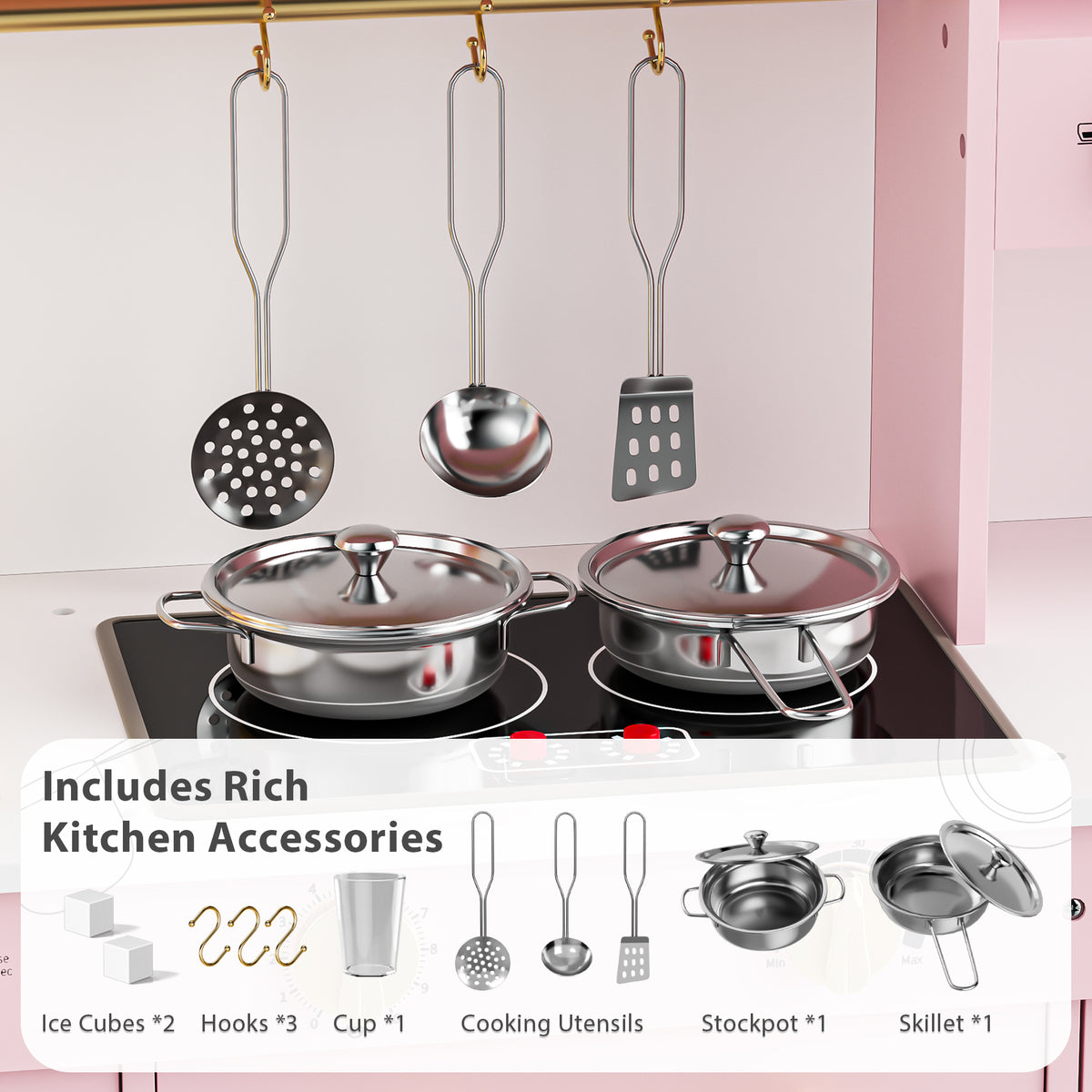 AILEEKISS Kids Toy Kitchen for Children, Pretend Kids Play Kitchen Set with Cooking Accessories, Pink