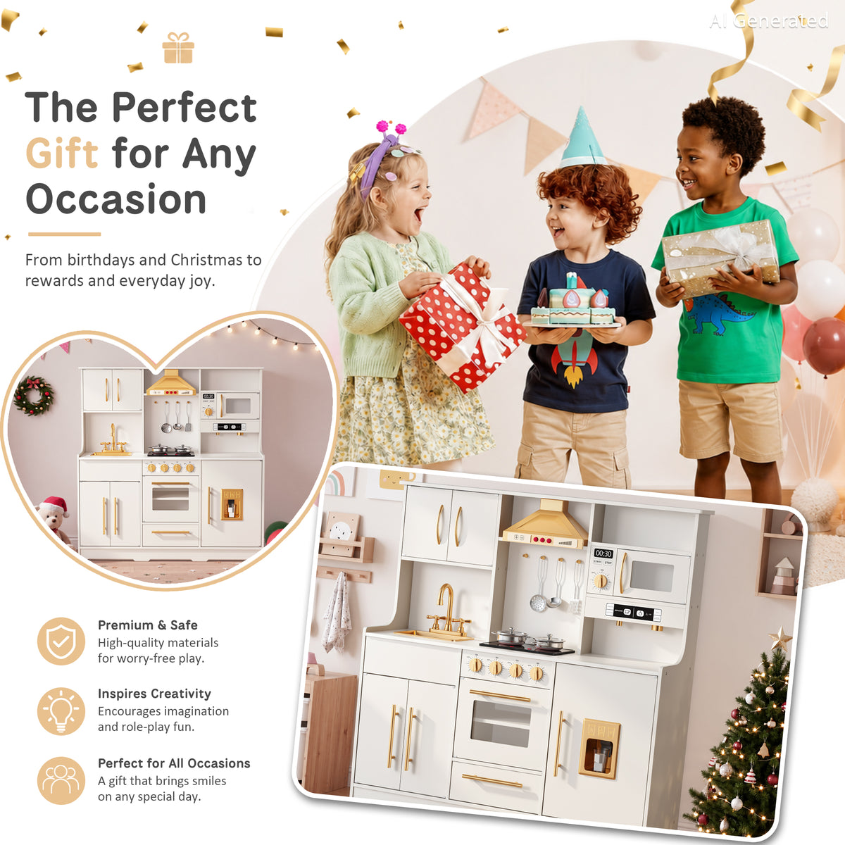AILEEKISS Wood Kids Play Kitchen, Pretend Kitchen Playset for Children Age 3 Years up, White