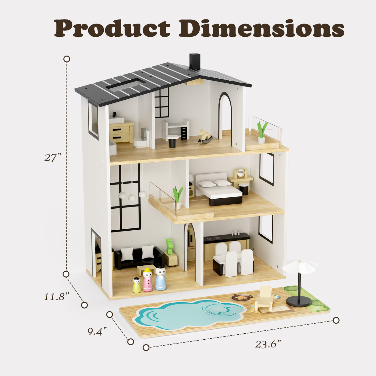AILEEKISS Dollhouse for Kids with 35 Pieces Furniture Set, 3-Story Dream House with Puzzle Patio, White