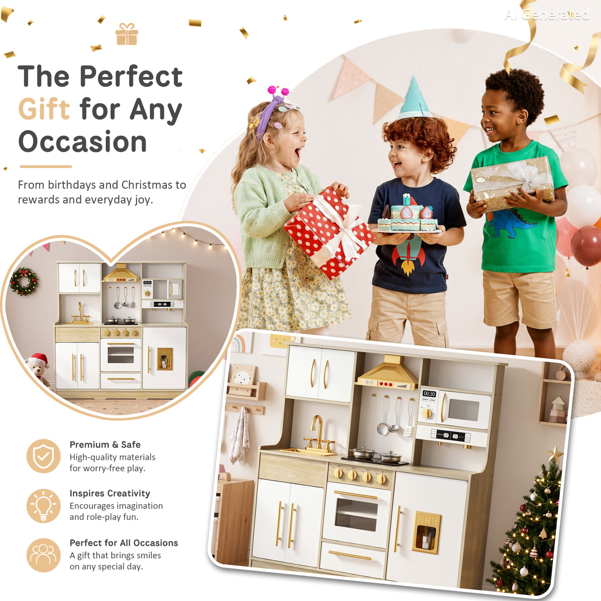 AILEEKISS Wood Kids Play Kitchen, Pretend Kitchen Playset for Children Age 3 Years up, Grain