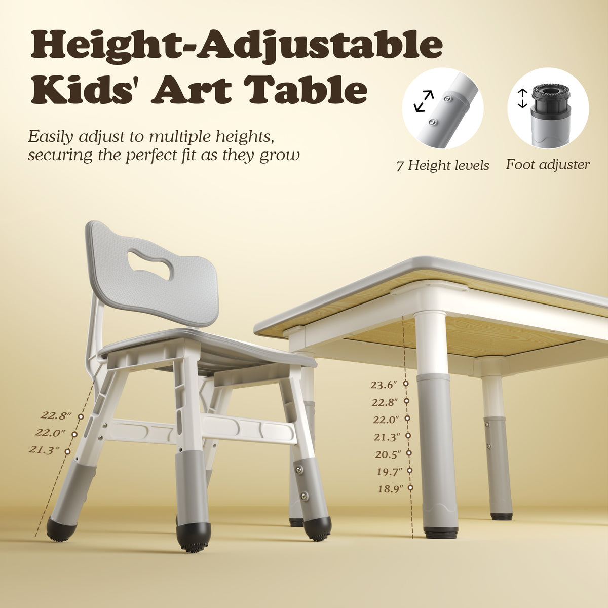 AILEEKISS Kids Table and 2 Chair Set, Height Adjustable Kids Art Table Play Desk for Toddler, Grey