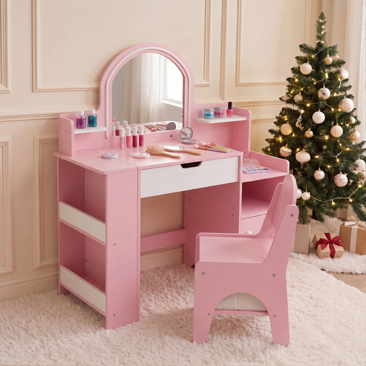 AILEEKISS Vanity Table Set with Flip Desktop, Pretend Play Makeup Table with Drawers, Pink