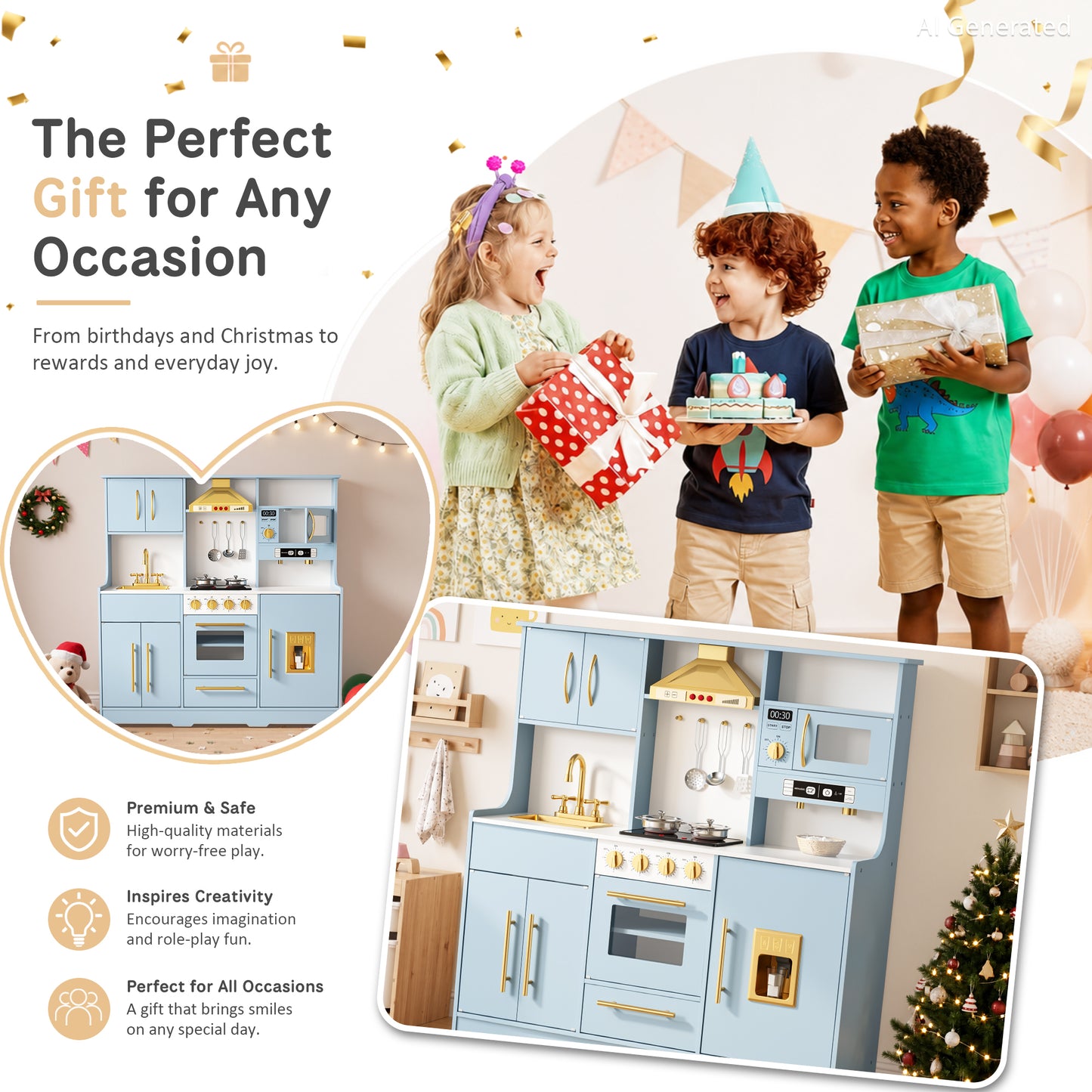 AILEEKISS Wood Kids Play Kitchen, Pretend Kitchen Playset for Children Age 3 Years up, Blue