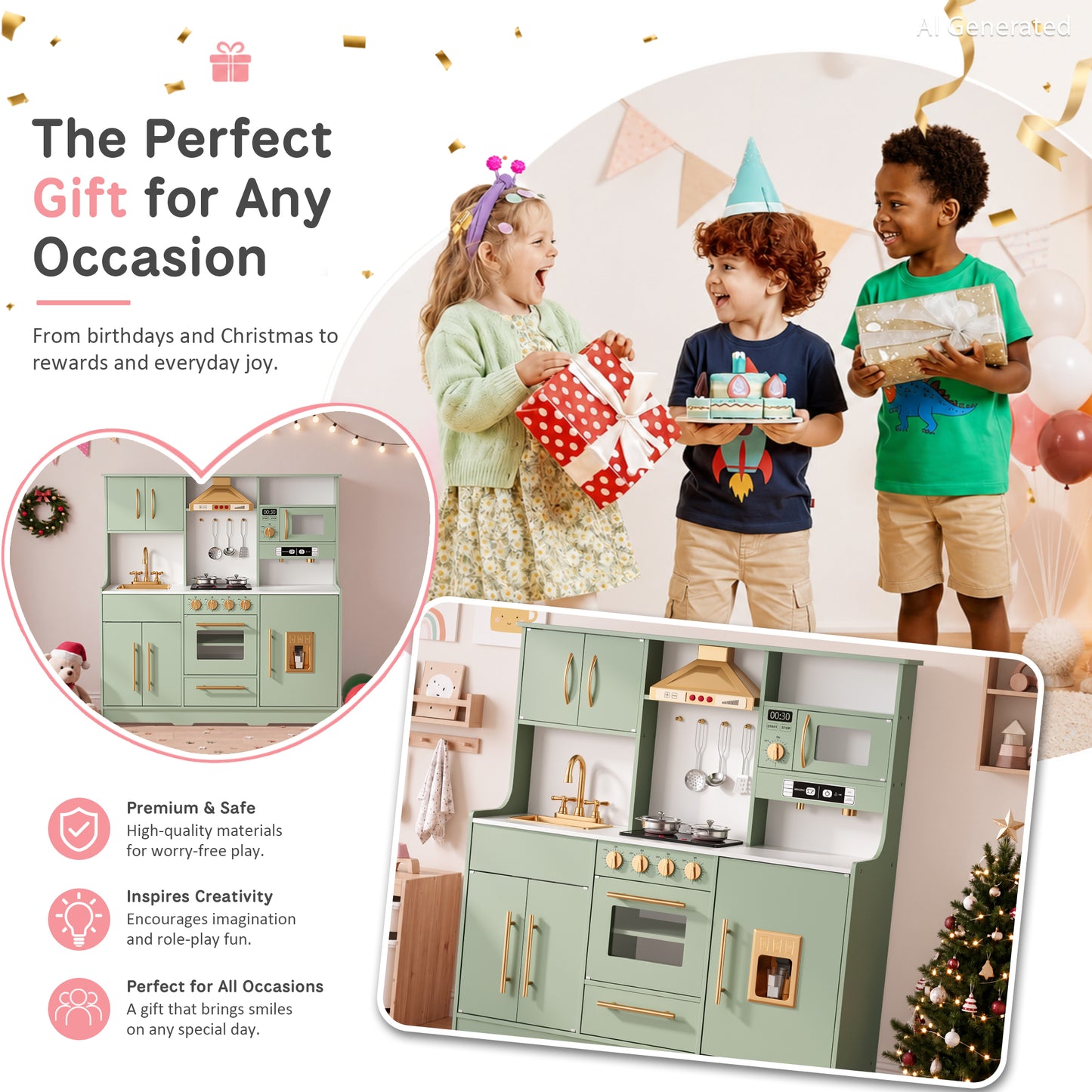 AILEEKISS Wood Kids Play Kitchen, Pretend Kitchen Playset for Children Age 3 Years up, Green