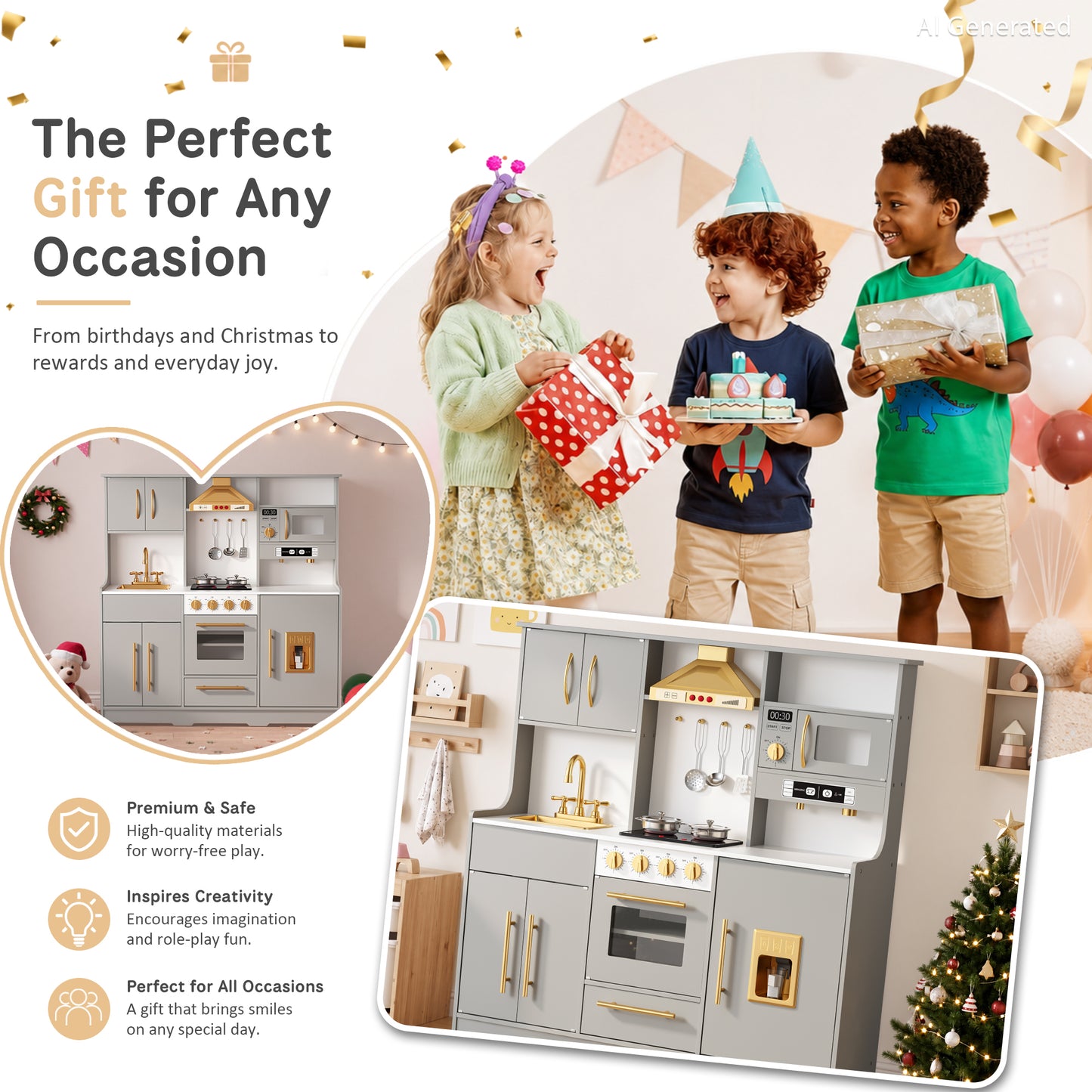 AILEEKISS Wood Kids Play Kitchen, Pretend Kitchen Playset for Children Age 3 Years up, Grey