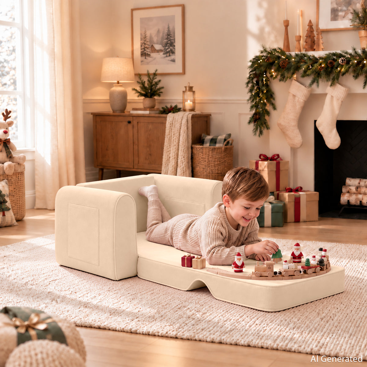 AILEEKISS 2-in-1 Toddler Sofa Chair, Foldable Kids Couch Flip Open Bed for Playroom, Beige