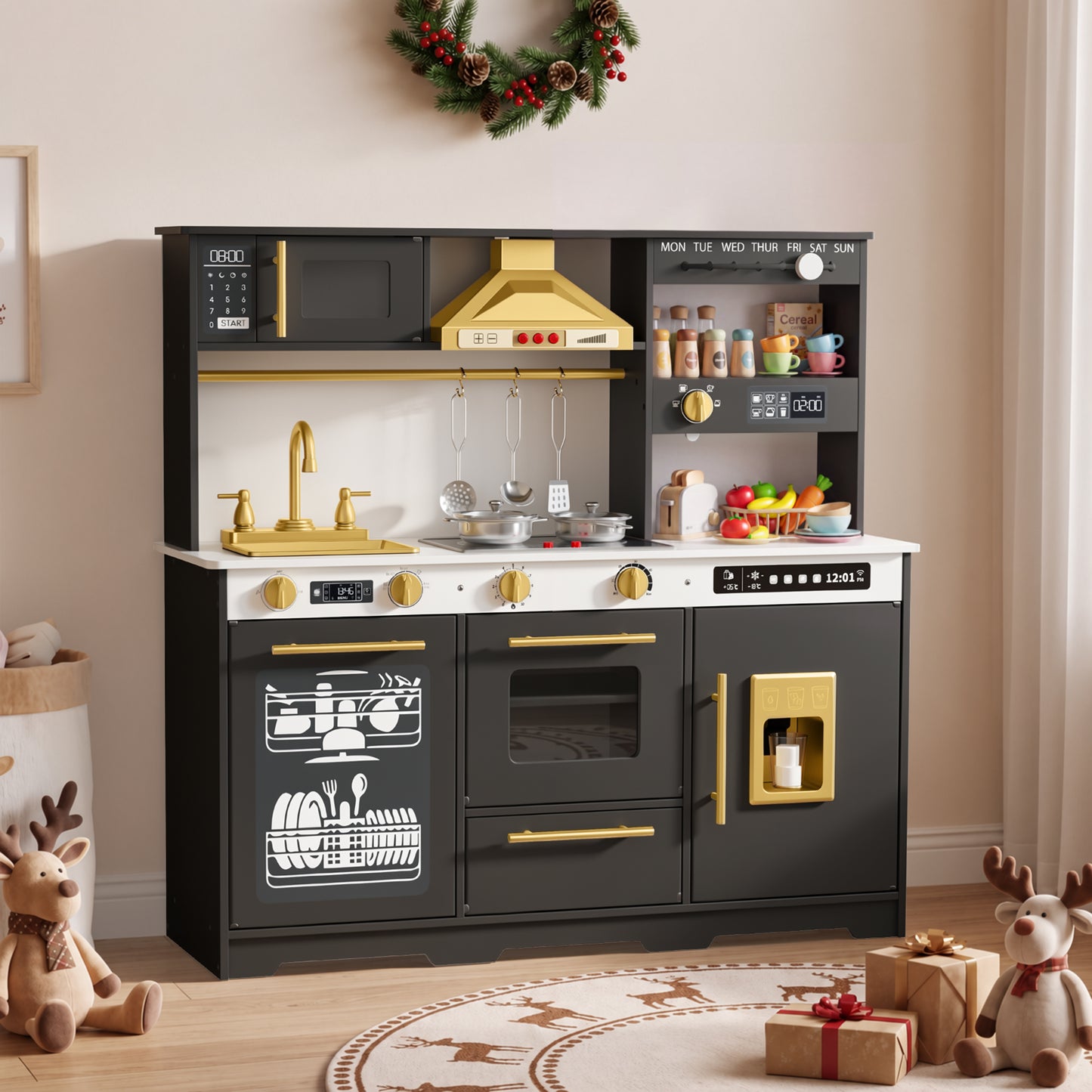 AILEEKISS Kids Toy Kitchen for Children, Pretend Kids Play Kitchen Set with Cooking Accessories, Black