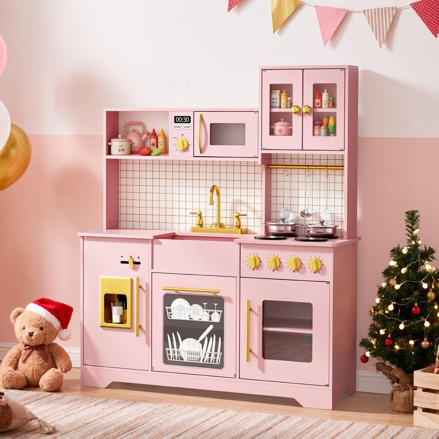 AILEEKISS Kids Kitchen Playset for Children, Realistic Pretend Kitchen Toy with Ice Maker, Pink
