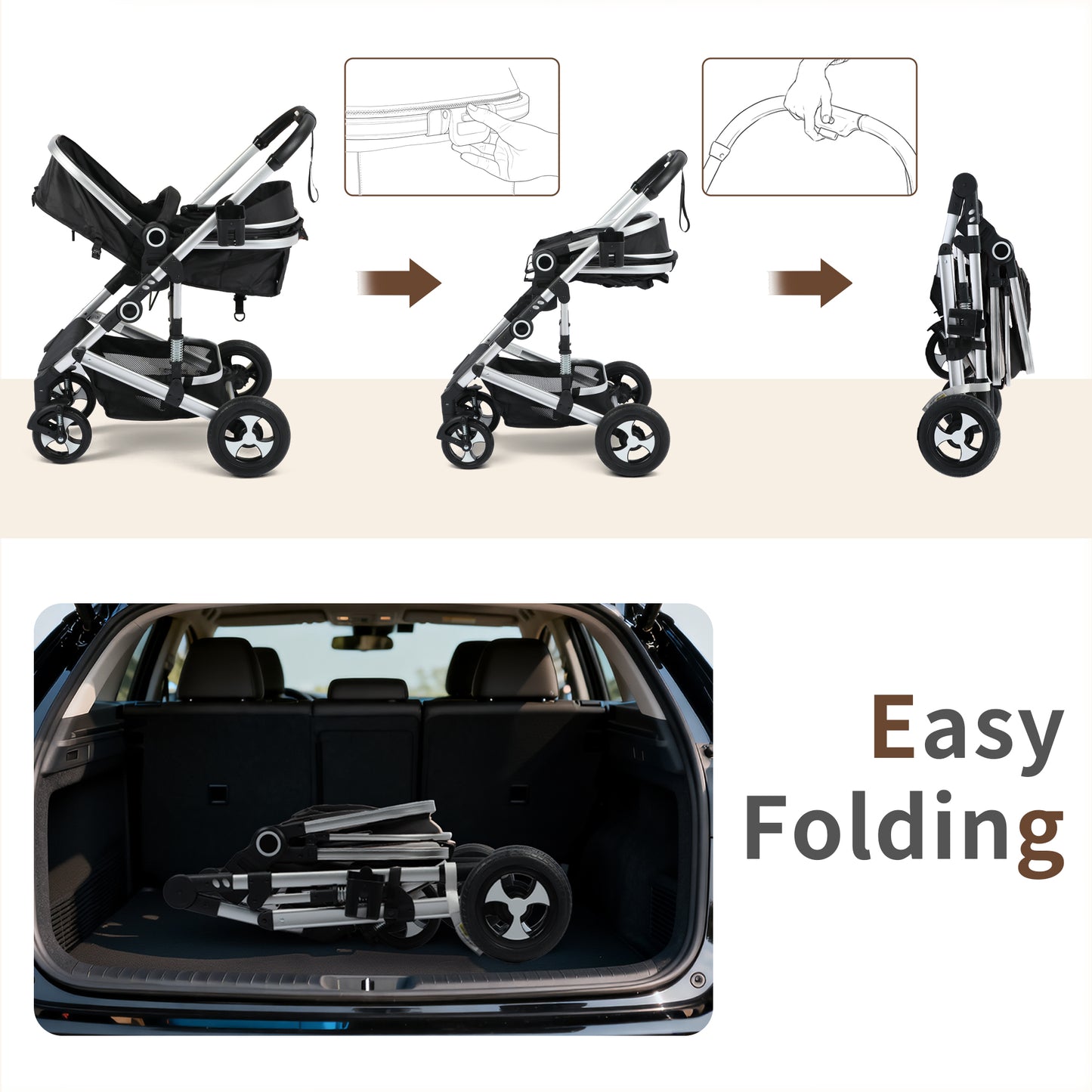 AILEEKISS 3 in 1 Convertible Baby Stroller, Unisex Folding Newborn Stroller with Big Seat, Black Silver