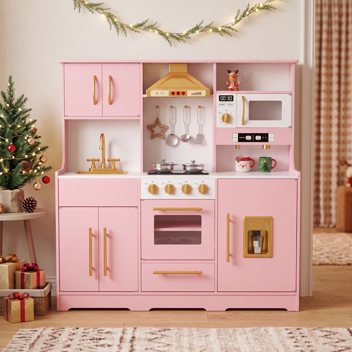 AILEEKISS Wood Kids Play Kitchen, Pretend Kitchen Playset for Children Age 3 Years up, Pink