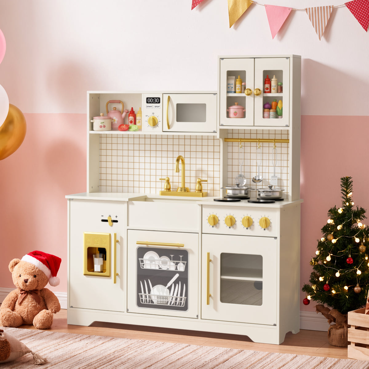 AILEEKISS Kids Kitchen Playset for Children, Realistic Pretend Kitchen Toy with Ice Maker, Beige