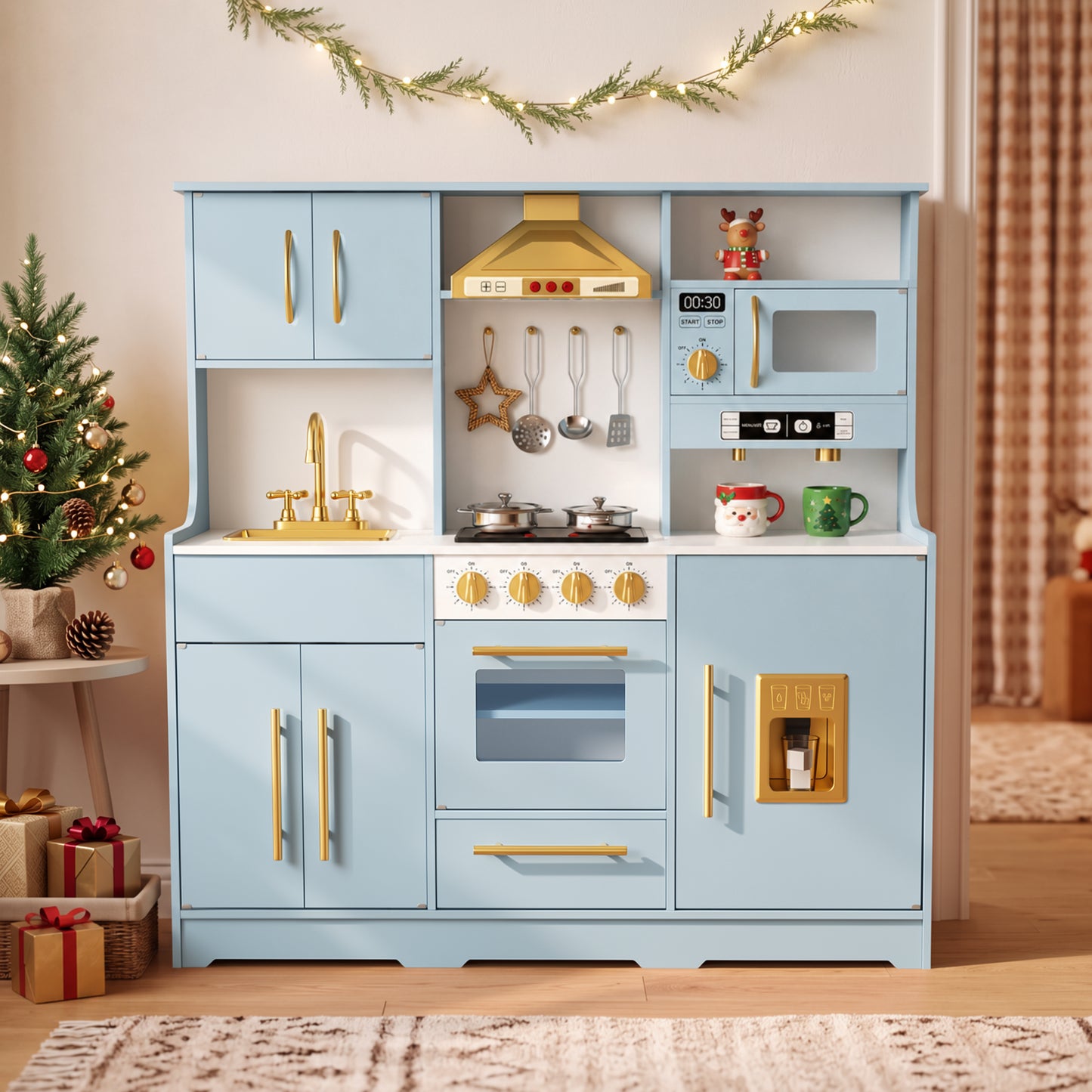 AILEEKISS Wood Kids Play Kitchen, Pretend Kitchen Playset for Children Age 3 Years up, Blue