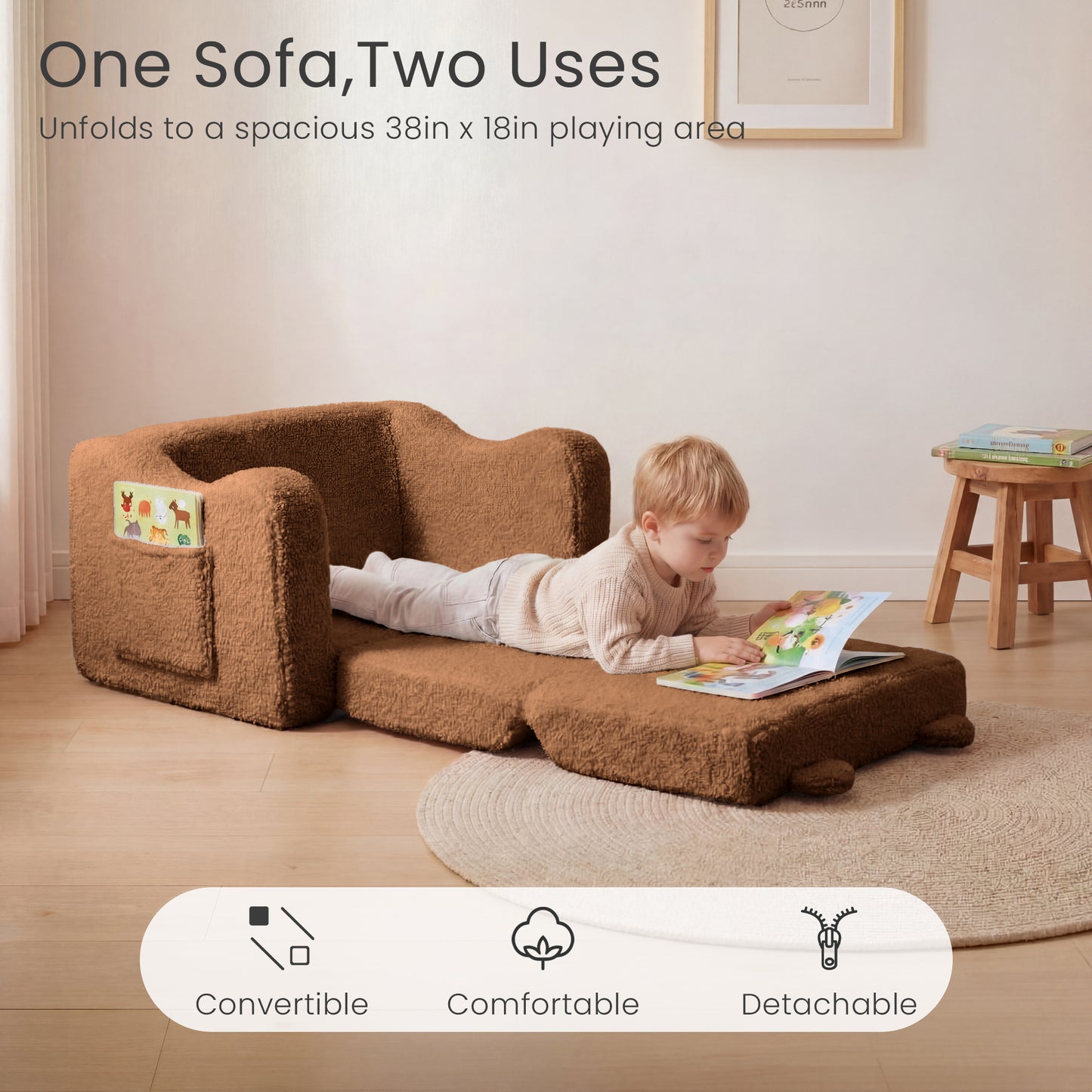 AILEEKISS Toddler Sofa, Foldable Kids Sofa Couch, Convertible Baby Lounger Chair for Playroom, Brown