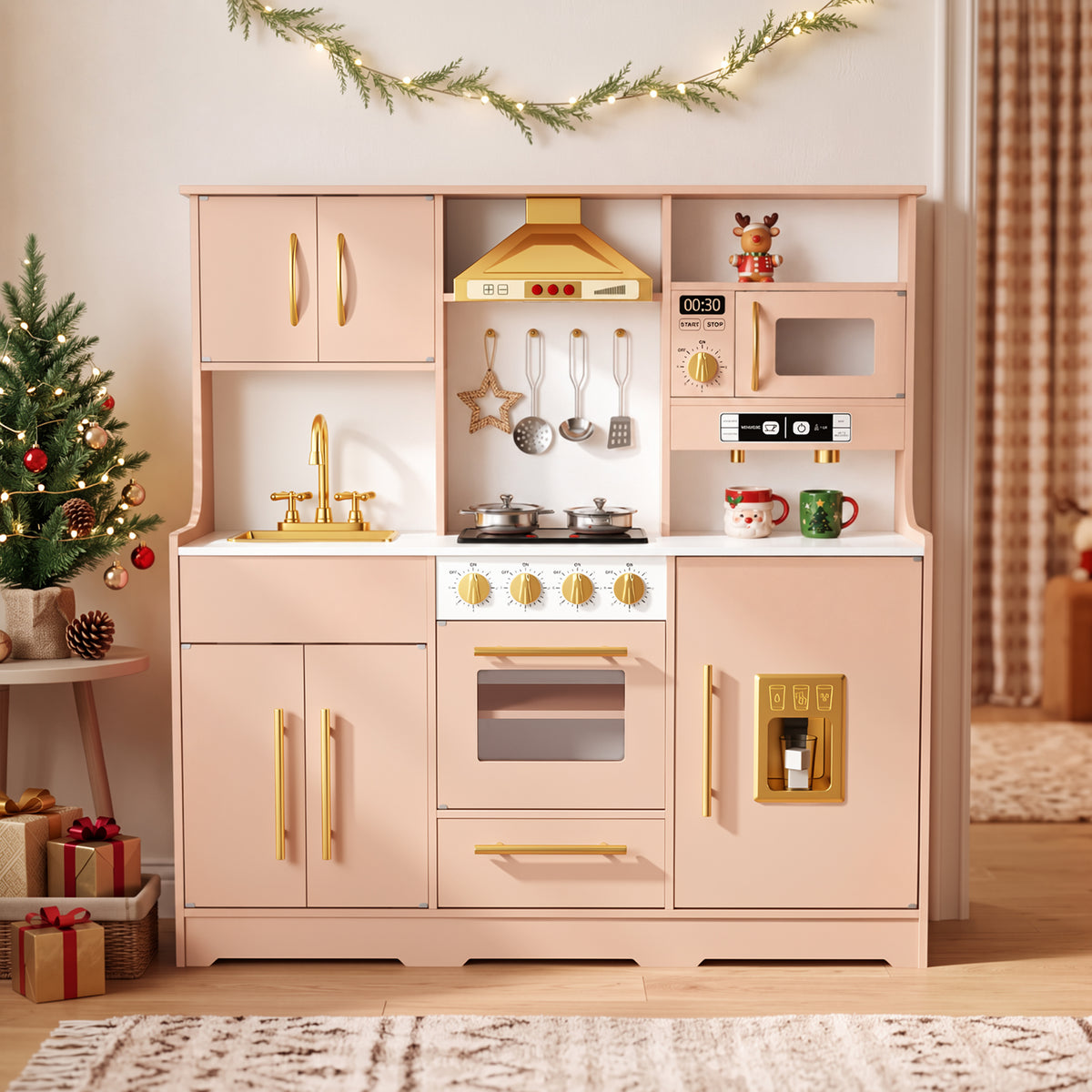 AILEEKISS Wood Kids Play Kitchen, Pretend Kitchen Playset for Children Age 3 Years up, Orange