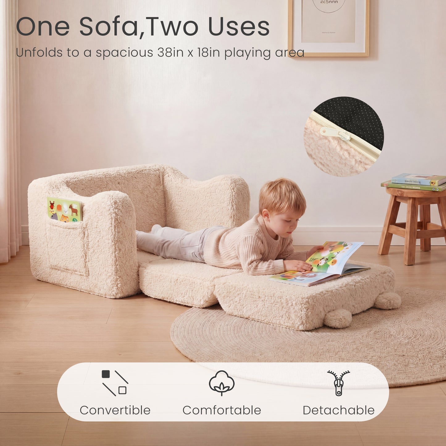 AILEEKISS Toddler Sofa, Foldable Kids Sofa Couch, Convertible Baby Lounger Chair for Playroom, Beige