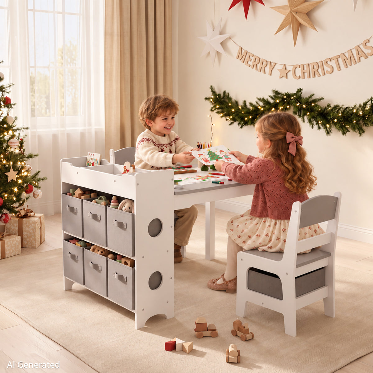AILEEKISS Kids Table and Chair Set,Children Play Activity Desk for Drawing with 6 Drawers, Grey