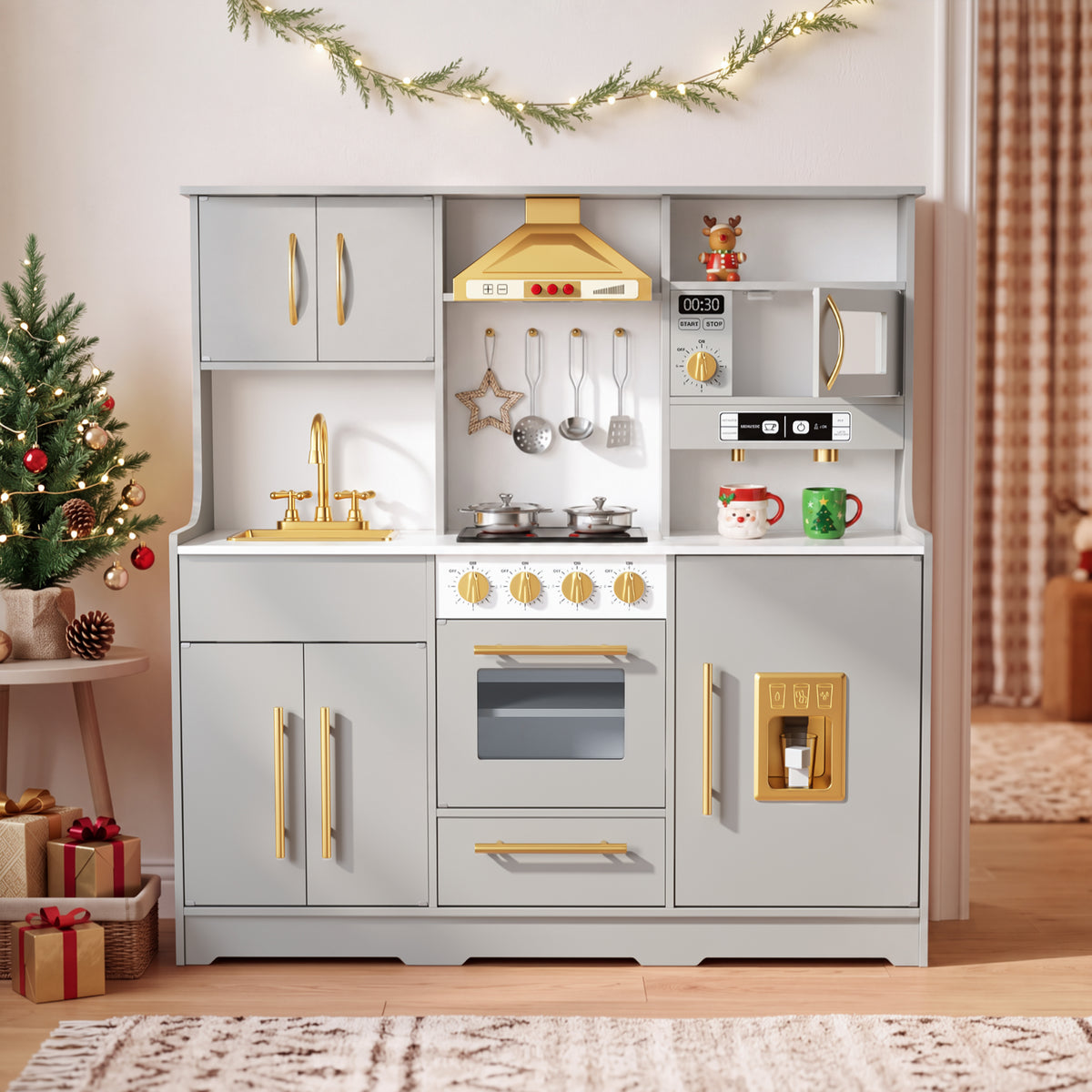 AILEEKISS Wood Kids Play Kitchen, Pretend Kitchen Playset for Children Age 3 Years up, Grey