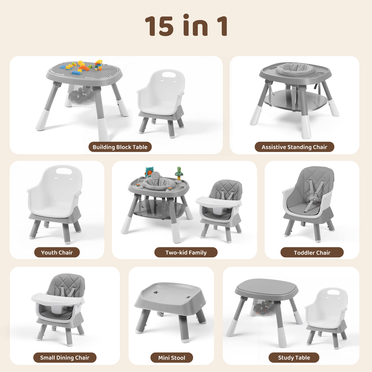 AILEEKISS 15 in 1 Baby High Chair, Toddler Dining Booster Seat w/Activity Center, Grey