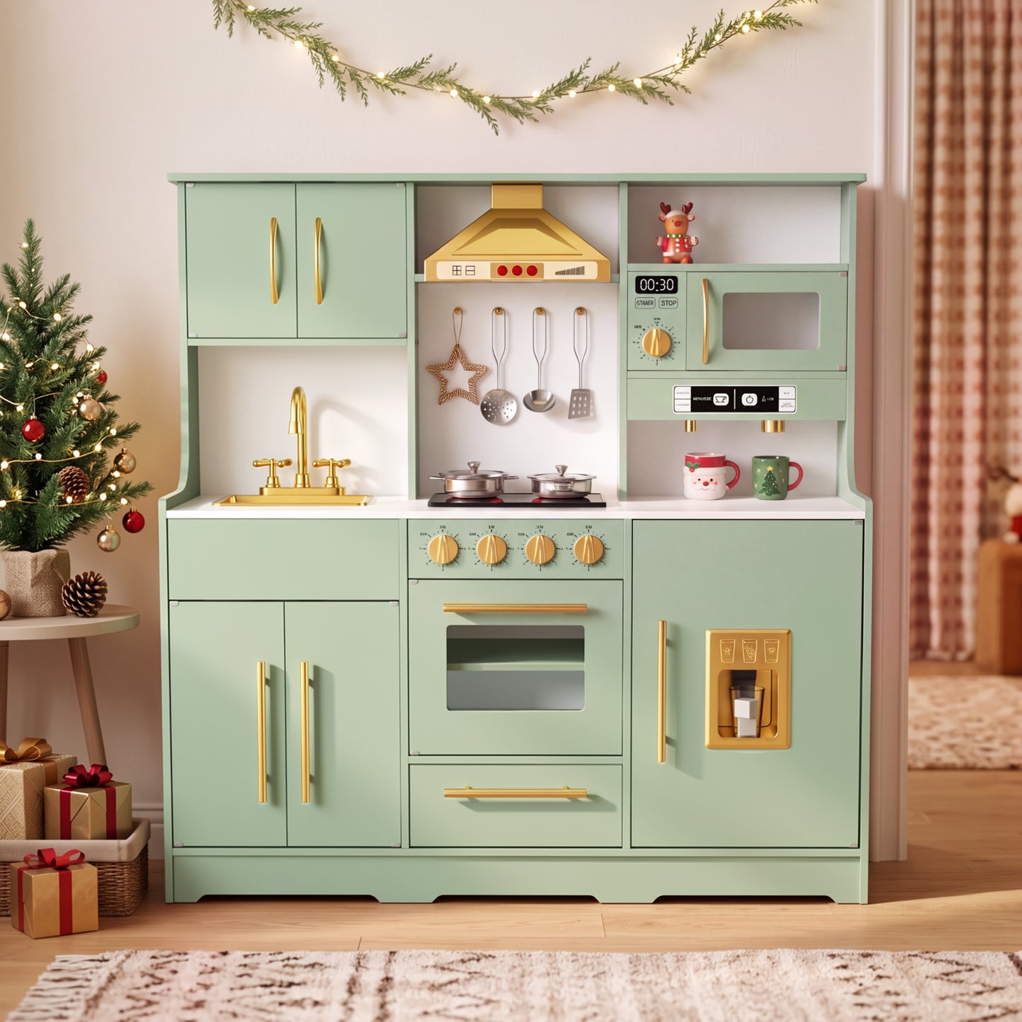 AILEEKISS Wood Kids Play Kitchen, Pretend Kitchen Playset for Children Age 3 Years up, Green