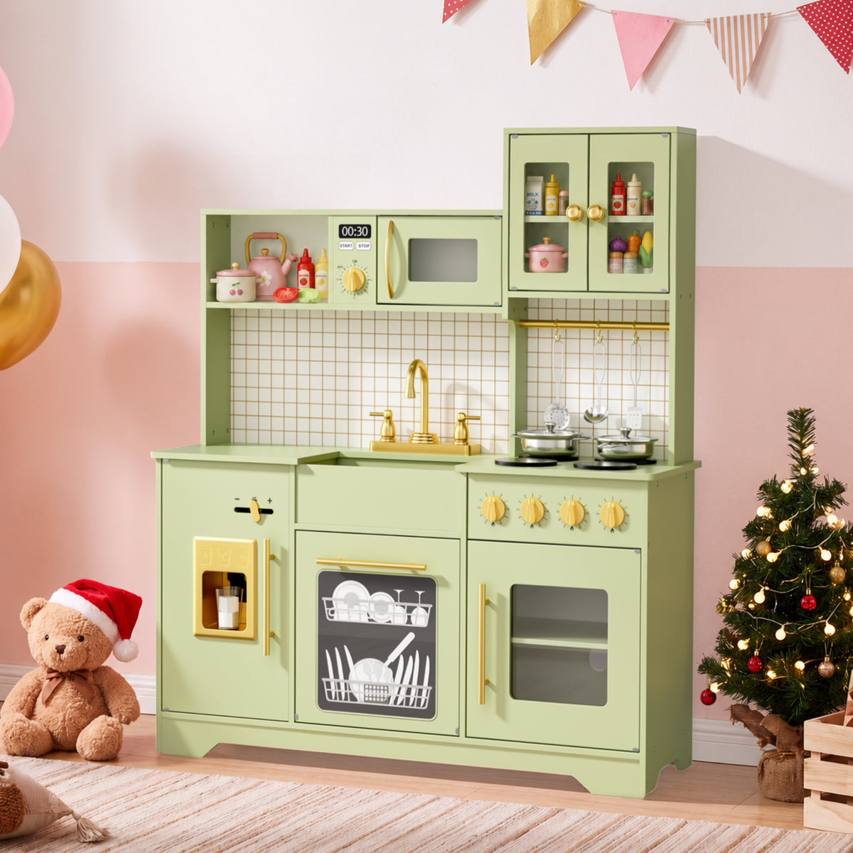 AILEEKISS Kids Kitchen Playset for Children, Realistic Pretend Kitchen Toy with Ice Maker, Green